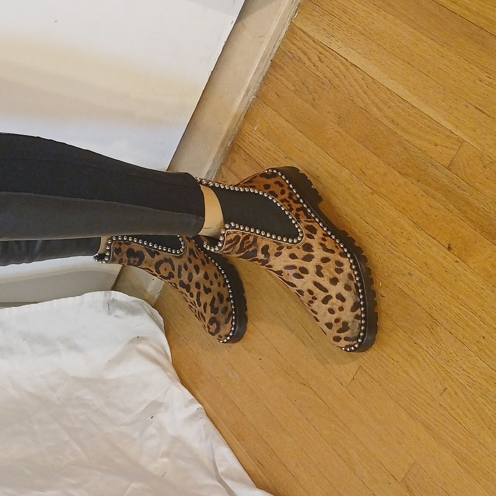 Stunning Alexander Wang Brown & Black Leapard Print Calf Fur Studded Booties - Picture 13 of 16